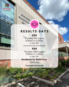 King E VI Handsworth Wood Girls' Academy building exterior with results day schedule overlay
